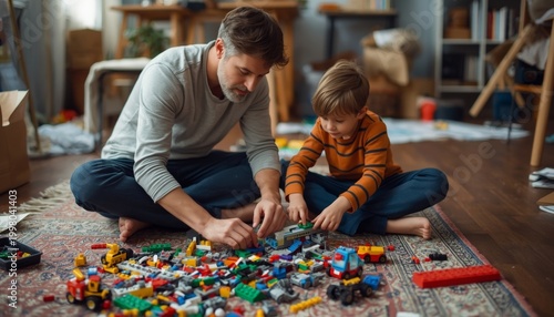 There is a man and a boy playing with legos on the floor
