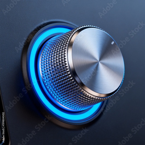 Close up of metallic control knob with blue light