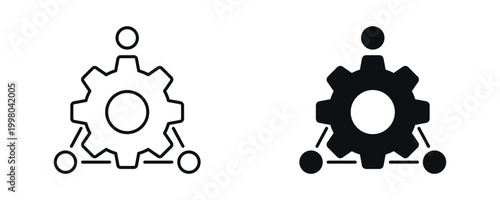 Automation system icon set, workflow management and process control with gear and nodes in line and flat style. vector illustration.