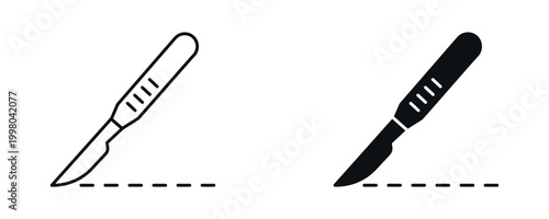Scalpel tool icon set, surgical knife instrument for precision cutting in line and flat style. vector illustration.
