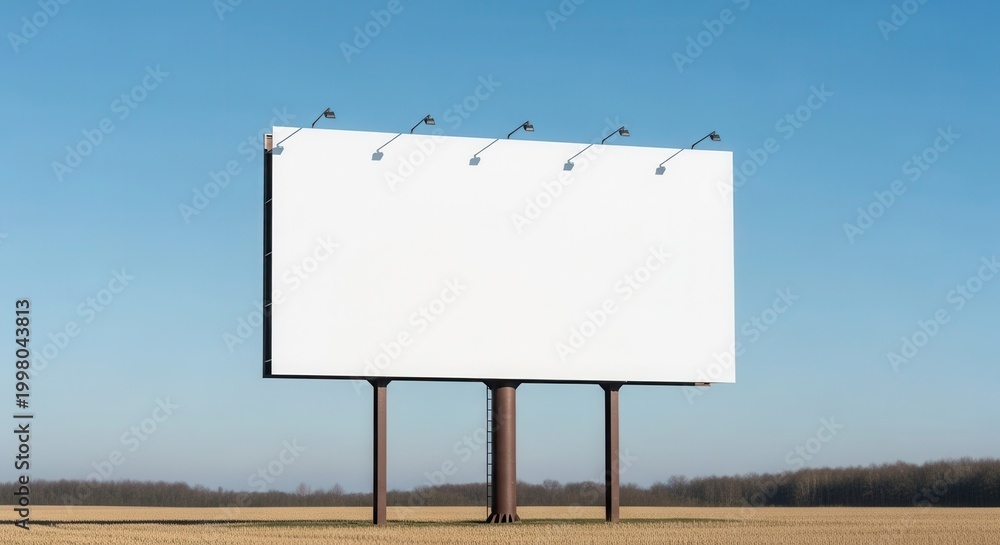 Obraz premium A large blank white outdoor billboard with ample space for advertising, set against a clear blue sky and natural landscape.