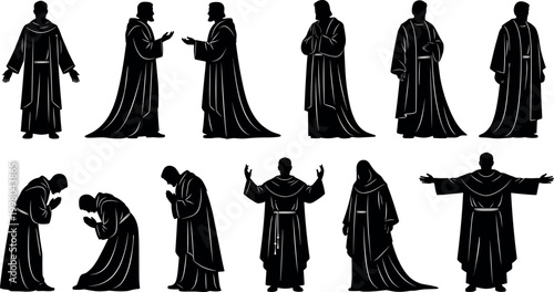 Set of Christian Monk Silhouettes in Prayer and Worship Poses Traditional Religious Figures for Spiritual Design and Theological Illustrations