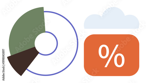 Data analysis, cloud storage, statistical reports, financial trends, business insights, forecasting. Pie chart with segmented sections next to percentage in cloud. Data analysis and cloud storage