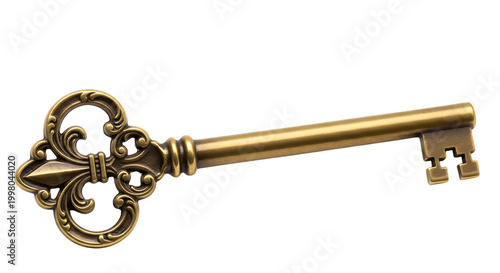 Vintage ornate gold key with decorative handle isolated on transparent background
