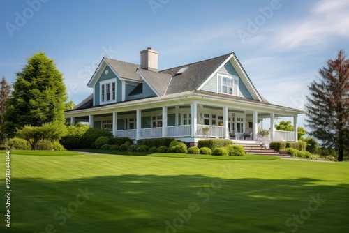 Residential house featuring a large wrap around porch and well maintained green lawn