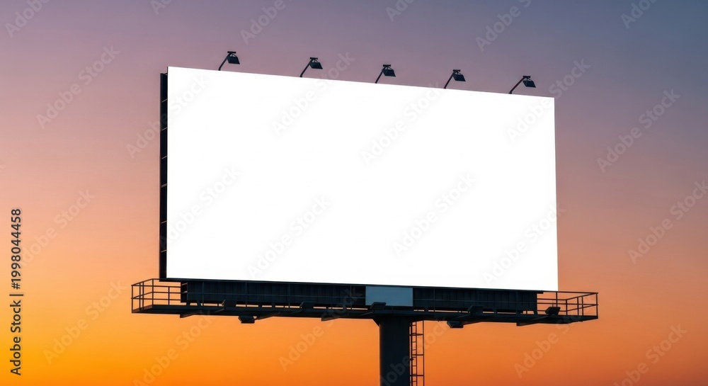 Obraz premium Large blank outdoor billboard frame at sunset with illuminated lights