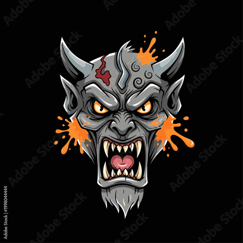 Gray demon head with sharp teeth.