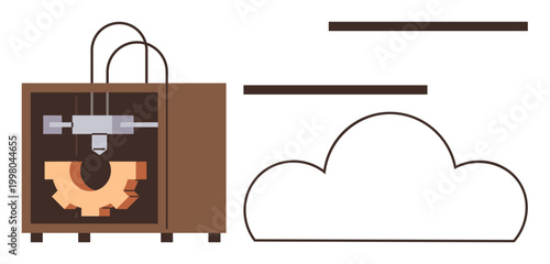 3D printing, cloud storage, modern technology, innovation, industrial design, digital solutions. Illustration of a 3D printer with a gear and a cloud symbol. 3D printing and cloud storage concept