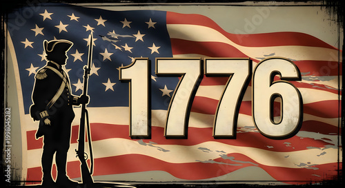 Revolutionary soldier holding flag with 1776 text vintage illustration illustration
