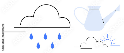Weather patterns, gardening, sustainability, water usage, agriculture, ecosystem management. Cloud with raindrops, watering can sun. Weather patterns and gardening concepts