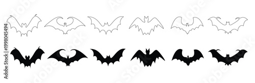 Fotografia Bat animal icon set in outline and solid black style for Halloween party and spooky theme branding