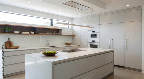 Modern kitchen with stainless steel appliances and green bowl illustration