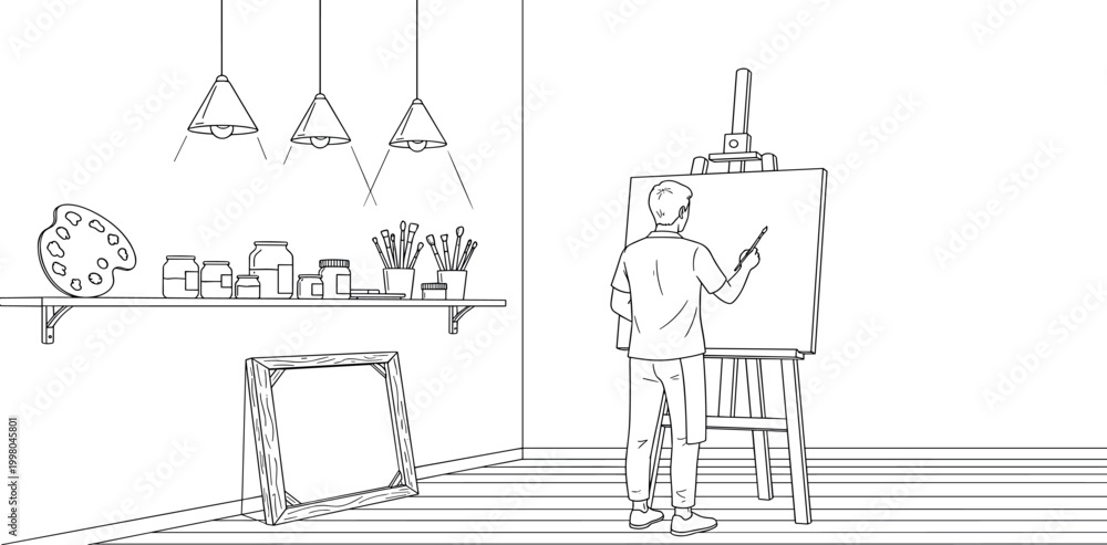 Fototapeta premium Artist Drawing on an Easel in a Creative Studio with Art Supplies, Canvas, and Modern Design Elements for Inspirational Digital Media Projects