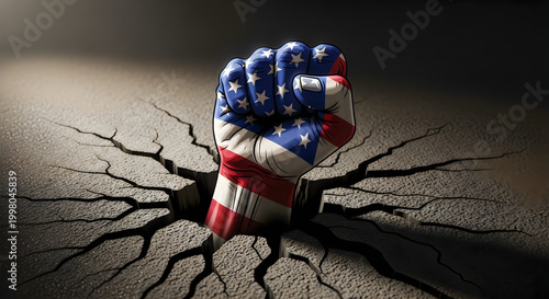 Clenched fist emerging from cracked dry earth ground illustration