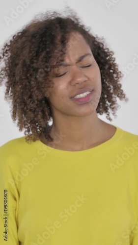 Disappointed Young African Woman Reacting Loss on White Background, Vertical Video