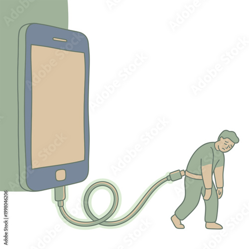 Man drained of energy, tethered to a charging smartphone, symbolizing digital addiction and dependence