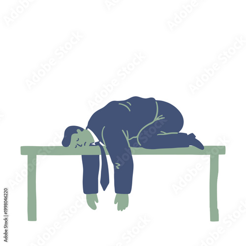 Conceptual illustration of an exhausted businessman slumped on a table, depicting intense work stress, professional burnout, and overwhelming fatigue in the corporate environment