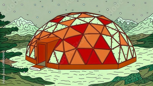 Structure made of triangles stands in a landscape with mountains and trees during night time