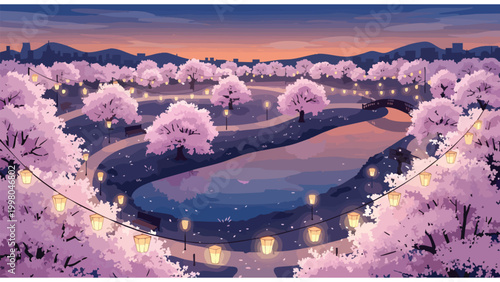 Canvastavla Serene Cherry Blossom Park Evening Landscape with Lanterns for Spring Marketing