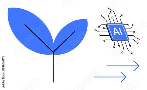 Sustainability, technology, future innovation, artificial intelligence, digital connections, environmental solutions. A blue leaf plant, AI chip and arrows. Sustainability and technology concepts