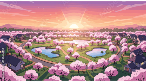 Foto Suburban Neighborhood Spring Blossom Real Estate Development Community Homes