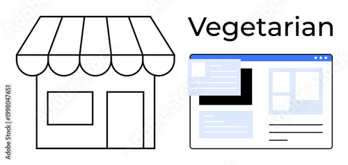 Business marketing, vegetarian restaurants, digital services, ecommerce, branding, online menus. A storefront and a website interface labeled vegetarian. Business marketing and ecommerce concept