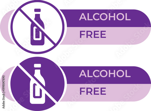 Alcohol free product labels, purple non-alcoholic beverage icons with bottle and prohibition sign, zero alcohol content badges for packaging