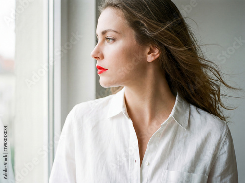 Person in White Shirt Looking Out Window