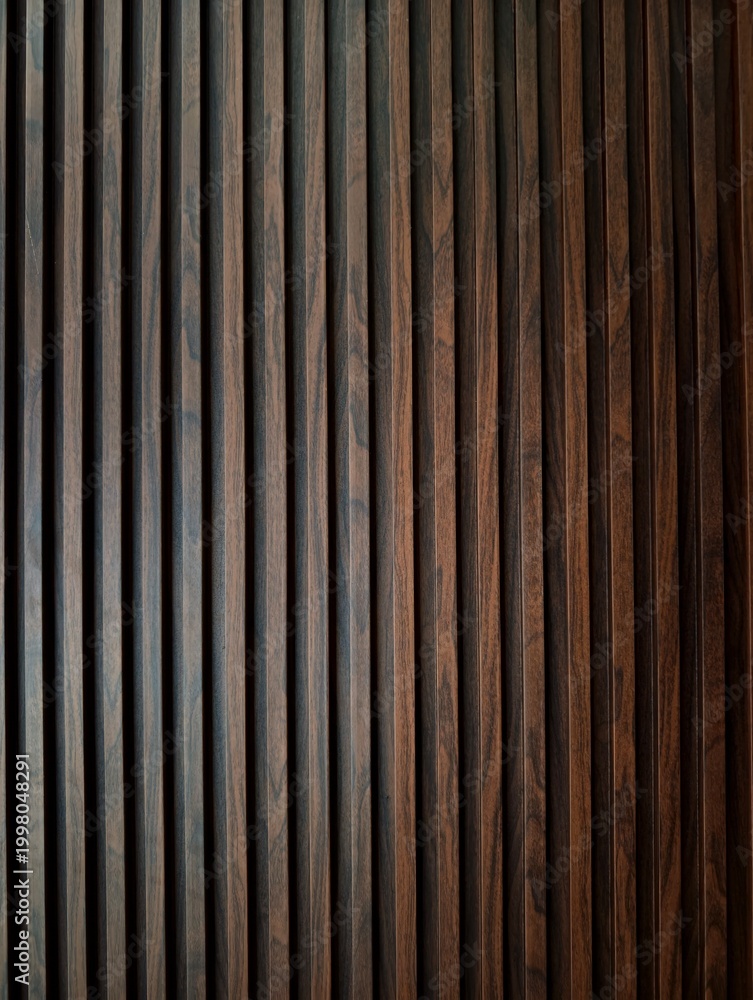 Obraz premium Dark wooden slats arranged vertically on a modern interior wall, featuring a rich brown and black textured grain pattern for minimalist architectural backgrounds.