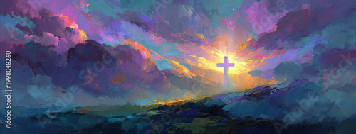 Heavenly cross glowing brightly in vibrant, colorful clouds symbol of hope and faith at sunrise