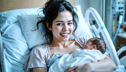 Smiling Mother Holding Newborn Baby In Hospital Bed After Maternity Delivery, Bonding Moment.