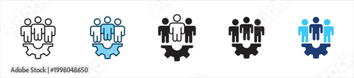 Three people with gear icon set. Icon symbol usable for: management, teamwork, organization, system, process, collaboration, coordination, leadership, workflow. Vector illustration