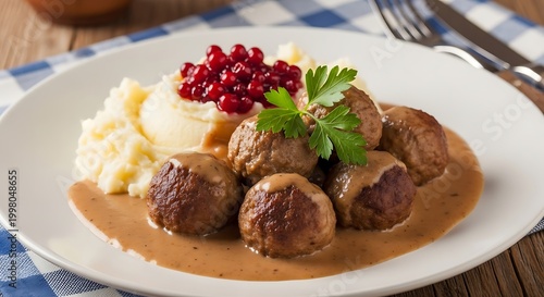 Swedish meatballs with mashed potatoes gravy.