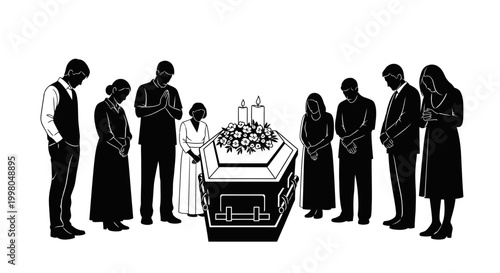 Mourners gathered around a coffin at a funeral service