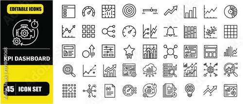 AI Dashboard Metrics Visualization Icon Set – KPI Analytics Interface, Business Intelligence Reporting, Performance Tracking, Data Visualization, Smart Insights and AI Driven Analytics Line Icons – Th