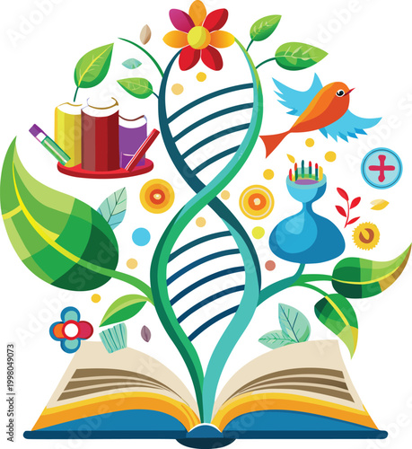 vibrant dna helix with eco-friendly elements and education symbols illustration for Conservation Education, Designed for Sustainable Branding and Modern Environmental Marketing Use