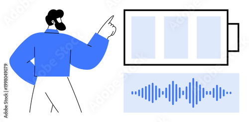 Energy storage through a battery icon with sound wave graphics and a person interacting. Energy storage showing human involvement and technical innovation. Energy storage for technology, audio