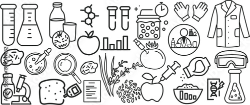 Food scientist doodle icon set, laboratory research sketch collection with flask, microscope, DNA, nutrition symbols, perfect for science and healthcare design.