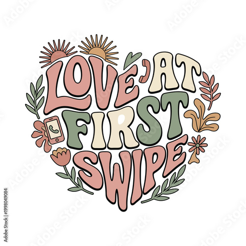 Love at first swipe retro heart graphic with sun and flowers party theme t shirt illustration greeting affection valentine celebration decoration merchandise iconography stylized