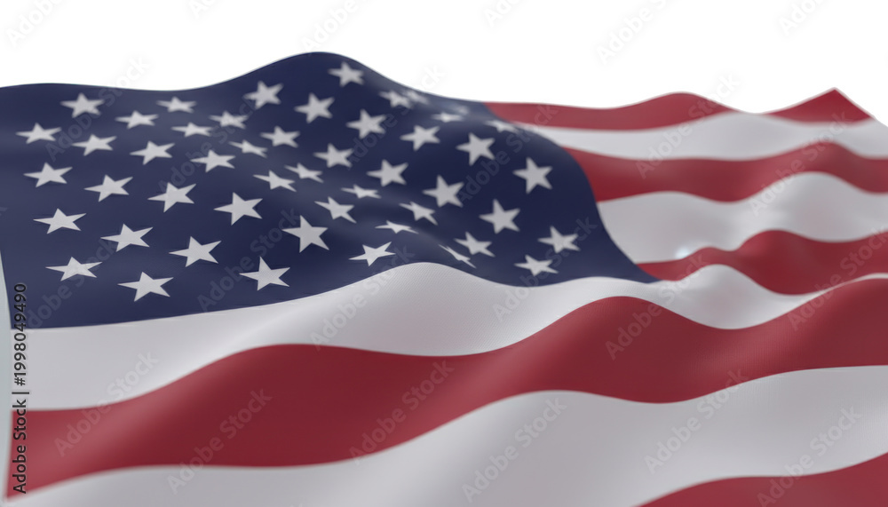 Fototapeta premium American flag waving in wind, patriotic United States national banner with stars and stripes, red white and blue fabric texture on white background