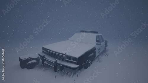 Abandoned Police Car in Heavy Snow Winter