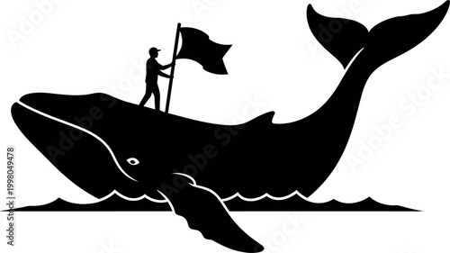 Silhouette of a whale with a figure on top holding a flag