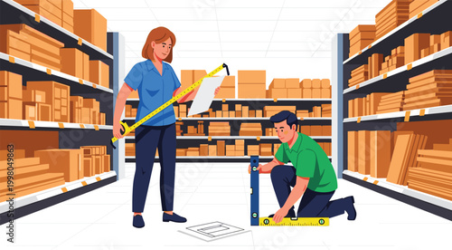 Φωτογραφία Professional workers using measuring tape and level tool to plan layout in warehouse storage room with shelves full of cardboard boxes vector illustration