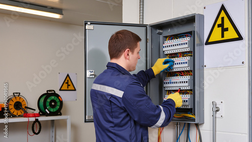 Картината върху платно electrician at work,
Electrician adjusts switches in electrical panel