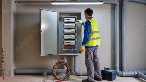 Photos Electrician inspects large wall-mounted panel