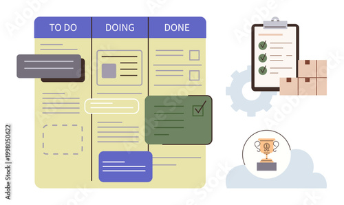 Project planning, task management, productivity, workflow, goal setting, agile methodology. Kanban board labeled To Do, Doing Done with related icons. Task management and productivity concept