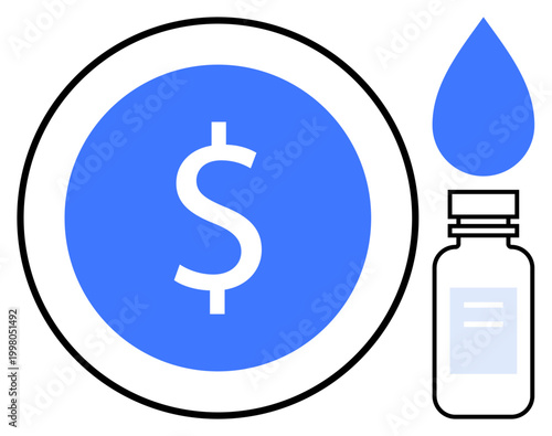 Healthcare pricing, medication costs, medical services, pharmaceutical industry, economy, affordability. Dollar sign surrounded by a circle, medicine bottle droplet. Healthcare pricing