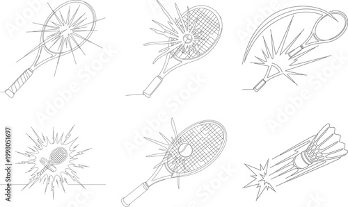 One line art drawing of tennis racket hitting ball with blast effect. Continuous line sport concept for competition poster graphic set.