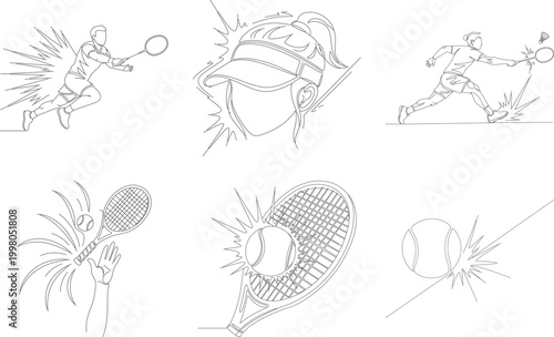 Single line drawing of male badminton player jumping for powerful smash shot showing athletic movement for sport training poster design.