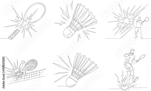 Abstract line art of badminton shuttlecock with impact effect and male player running for backhand hit during high energy sport training.
